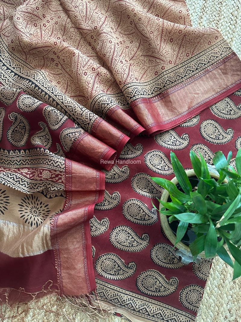 Maheshwari Maroon Bagh Print Top-Dupatta Set BTD019