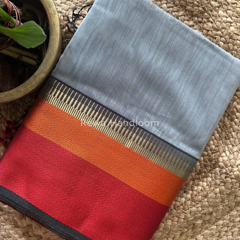 Maheshwari Grey Multicolor Border Saree MB00516