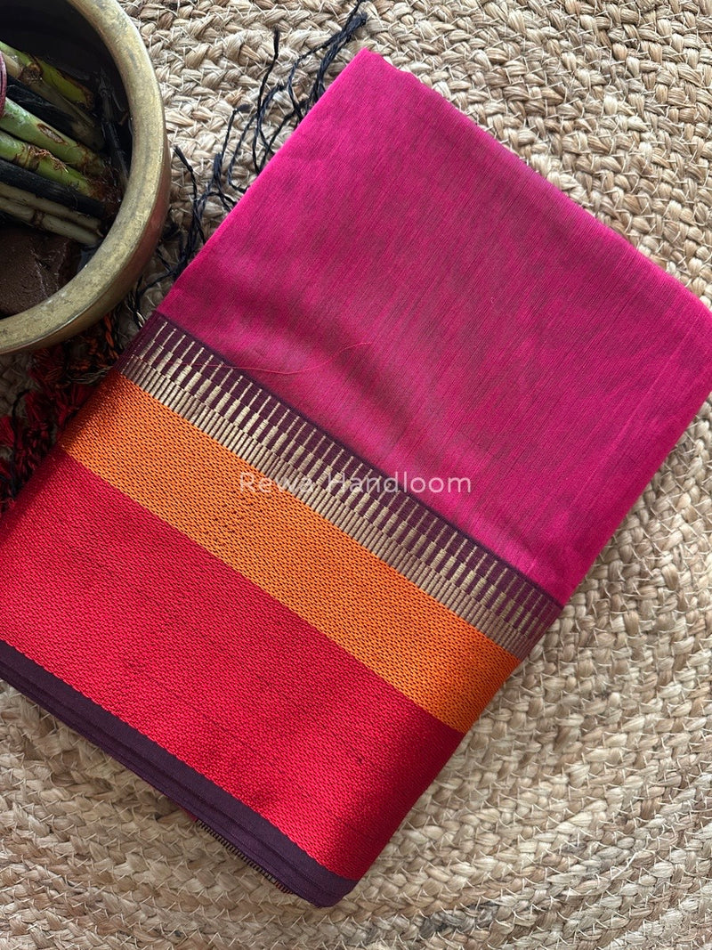 Maheshwari Dark Pink Multicolor Border Saree MB00519