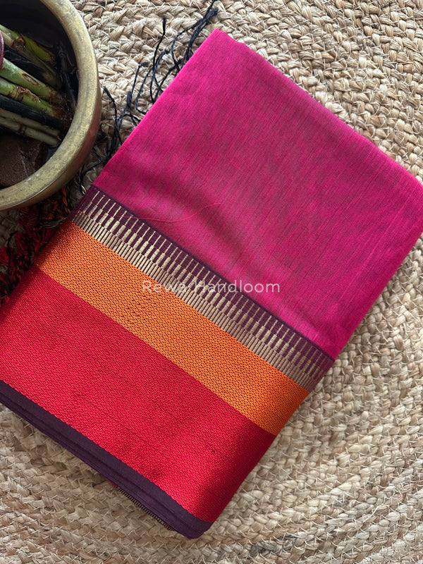 Maheshwari Dark Pink Multicolor Border Saree MB00519