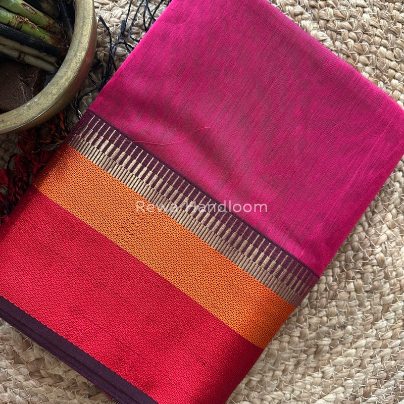 Maheshwari Dark Pink Multicolor Border Saree MB00519