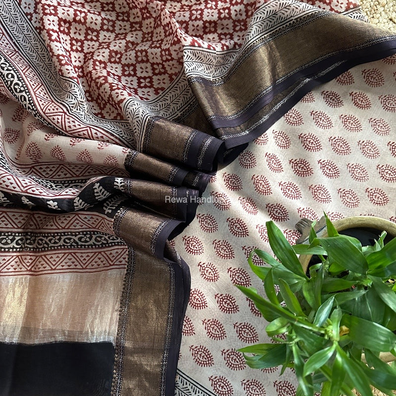 Maheshwari Off White Bagh Print Top-Dupatta Set BTD017