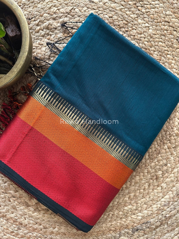 Maheshwari Peacock Blue Multicolor Border Saree MB00514