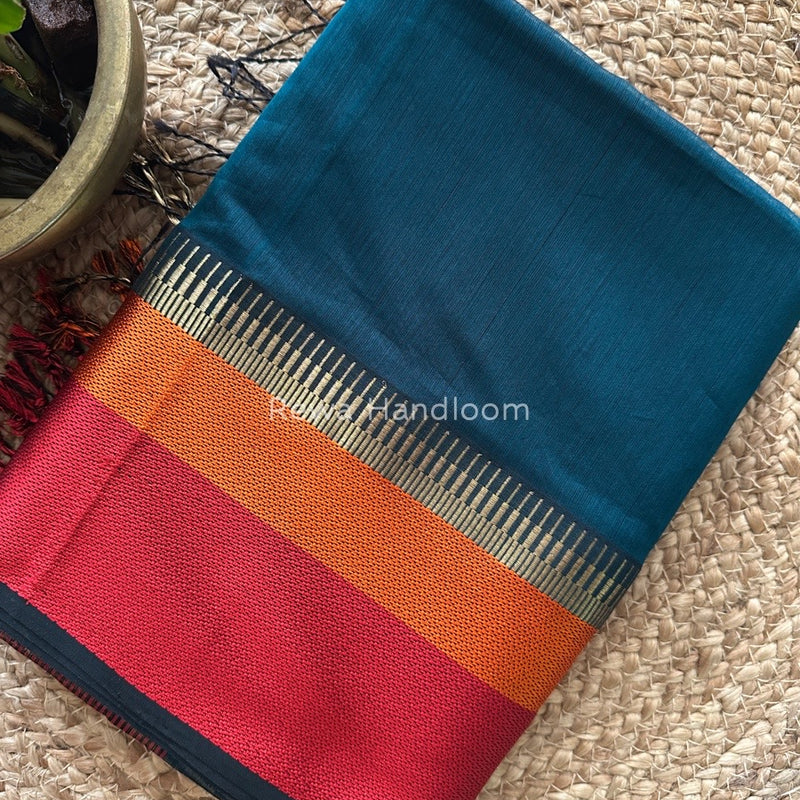 Maheshwari Peacock Blue Multicolor Border Saree MB00514