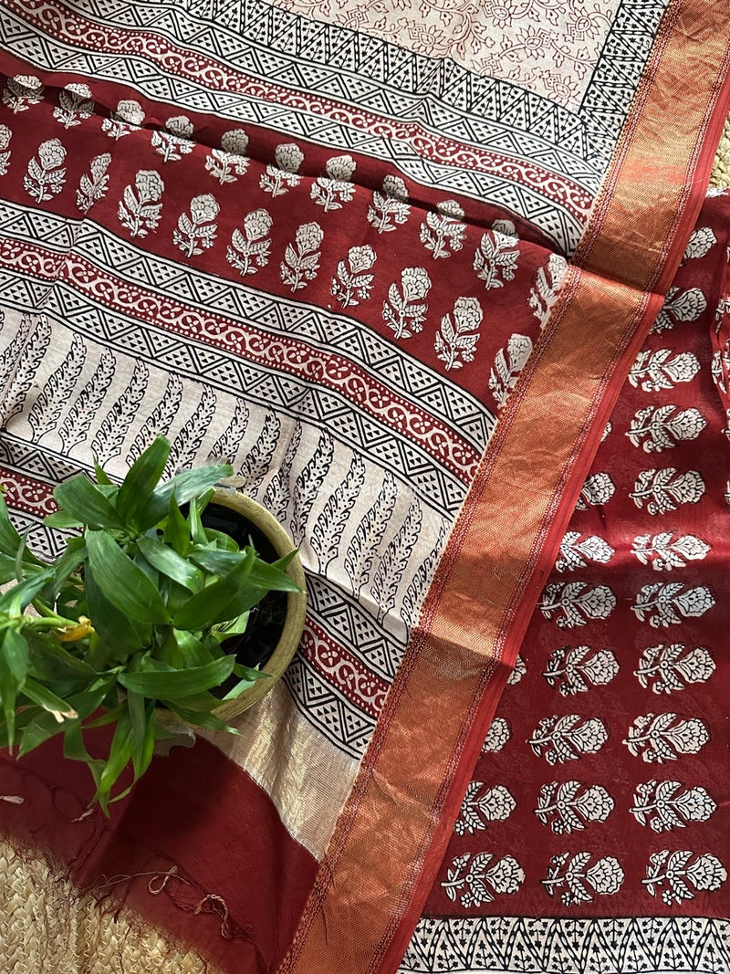 Maheshwari Maroon Bagh Print Top-Dupatta Set BTD010