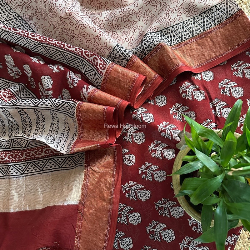 Maheshwari Maroon Bagh Print Top-Dupatta Set BTD010