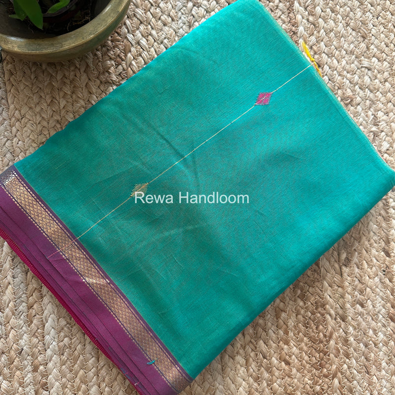 Aqua Green Lining Butti Shaded Maheshwari Saree SBS0115