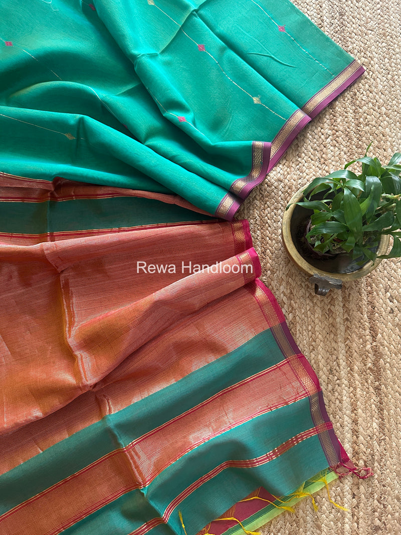 Aqua Green Lining Butti Shaded Maheshwari Saree SBS0115
