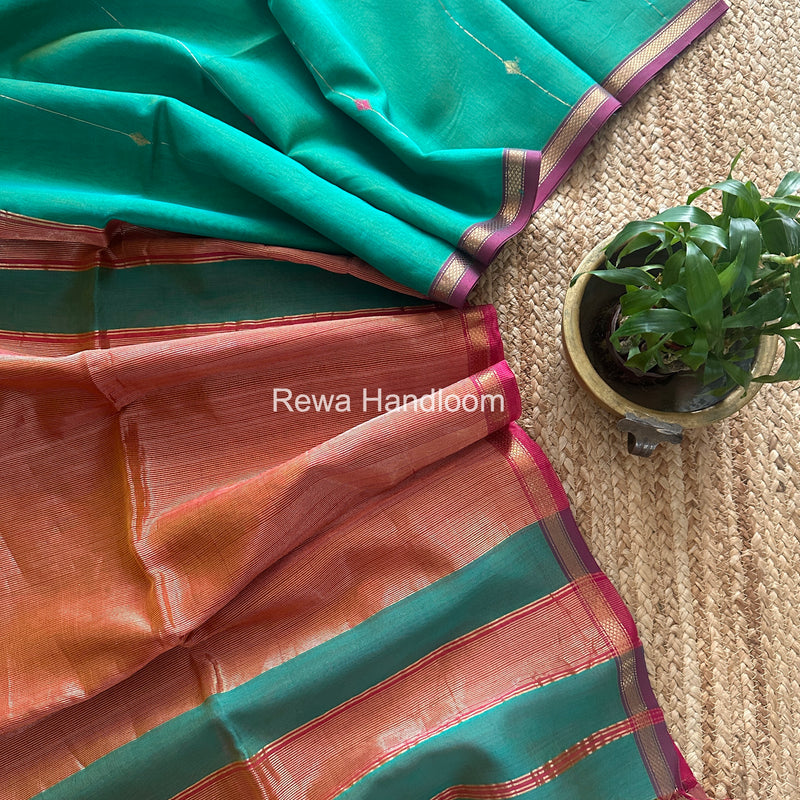 Aqua Green Lining Butti Shaded Maheshwari Saree SBS0115