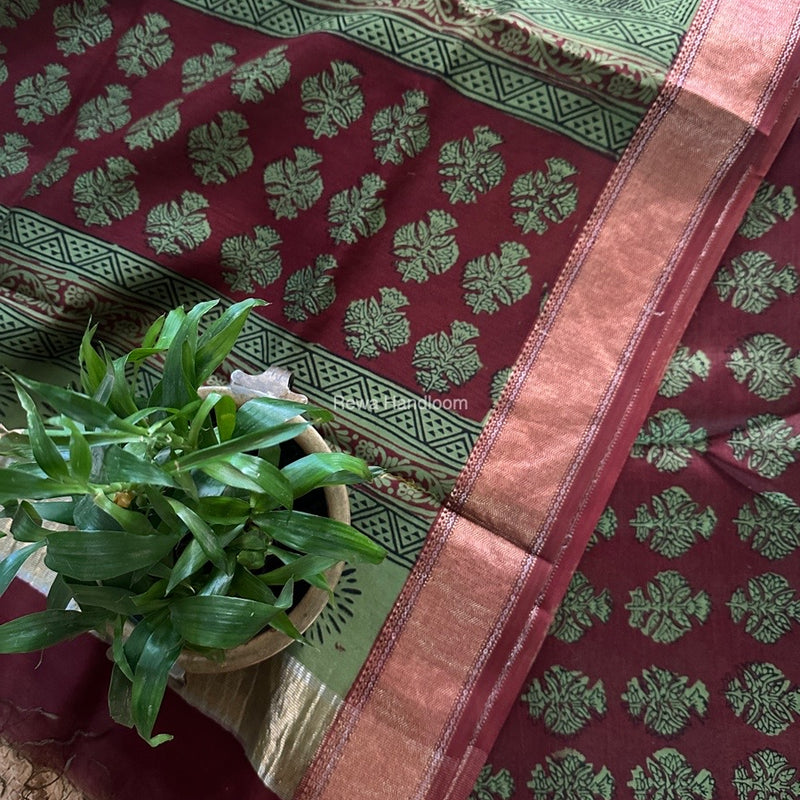 Maheshwari Maroon Bagh Print Top-Dupatta Set BTD08