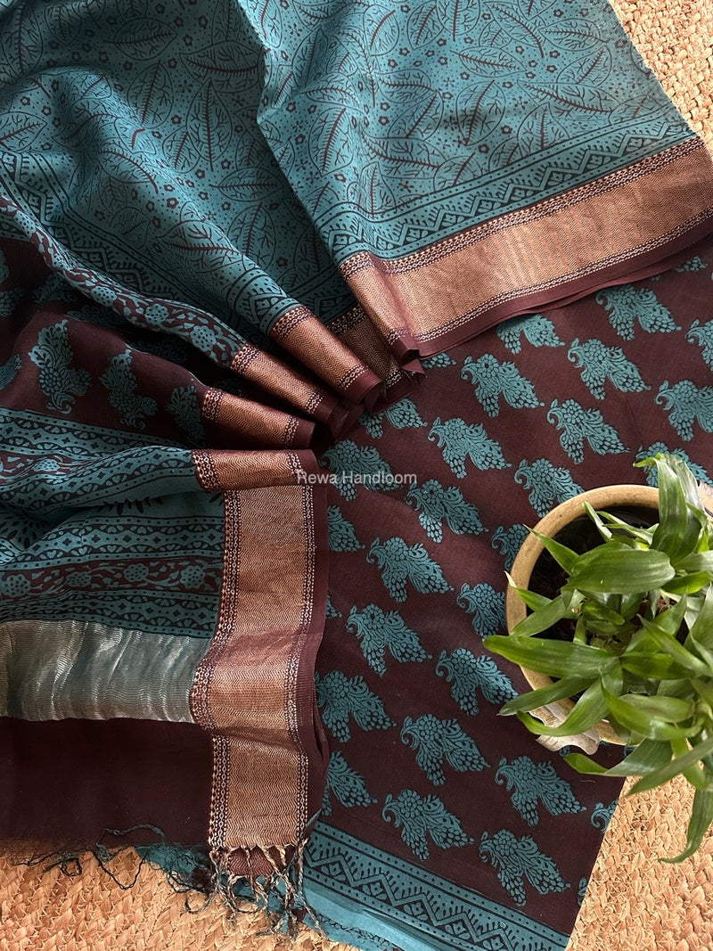 Maheshwari brown Bagh Print Top-Dupatta Set BTD034