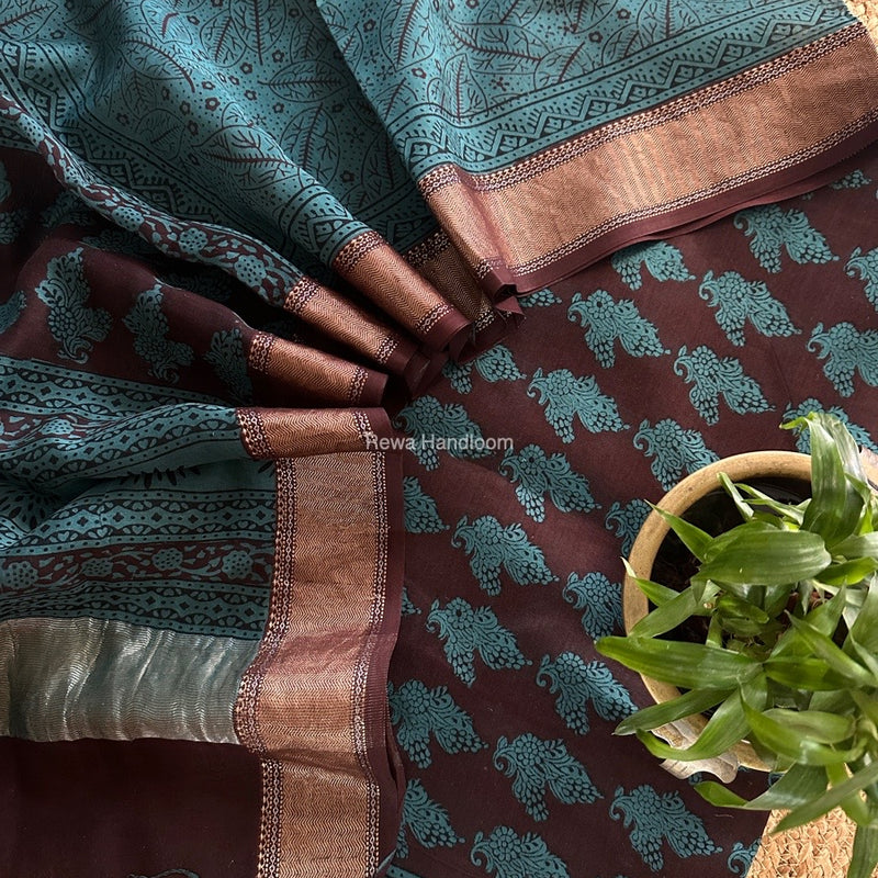 Maheshwari brown Bagh Print Top-Dupatta Set BTD034