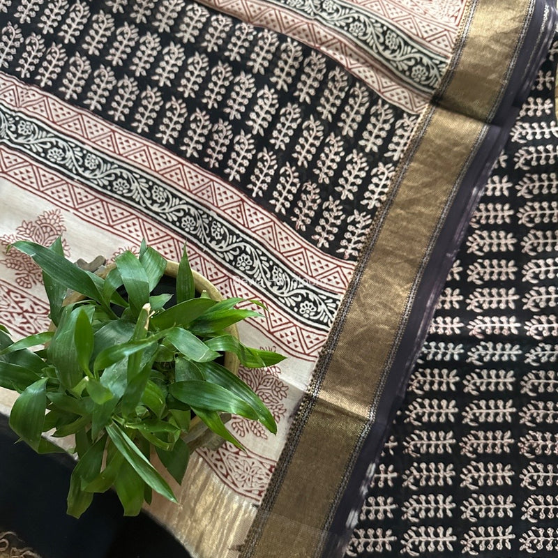 Maheshwari Black Bagh Print Top-Dupatta Set BTD020