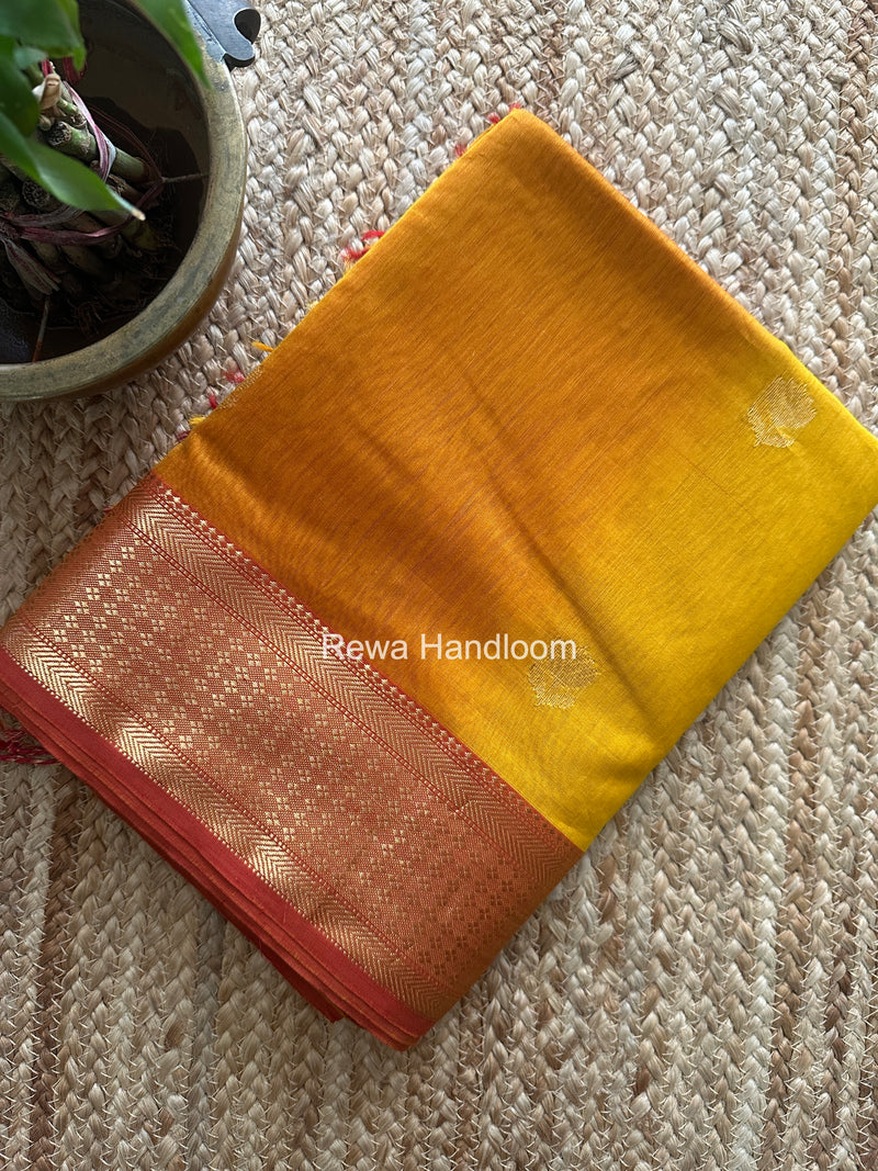 Maheshwari Mustard Yellow Lotus Shaded Butta Saree SLB048
