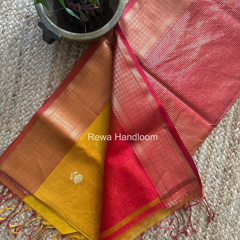 Maheshwari Mustard Yellow Lotus Shaded Butta Saree SLB048