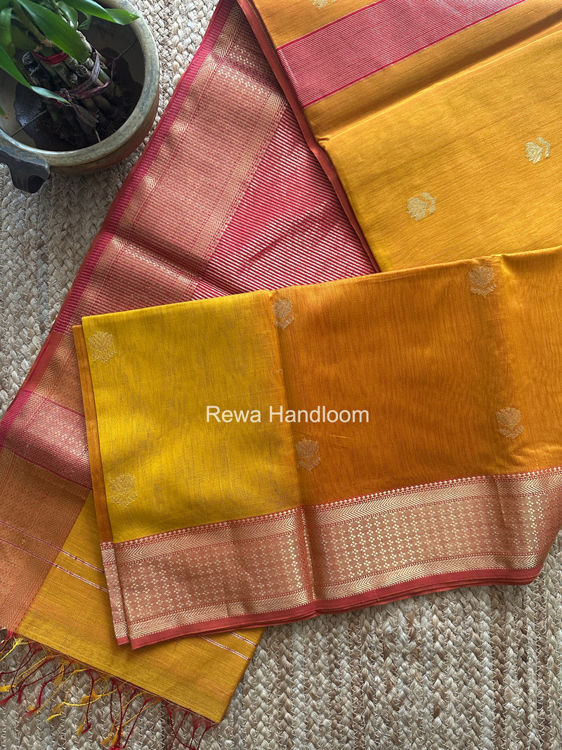 Maheshwari Mustard Yellow Lotus Shaded Butta Saree SLB048