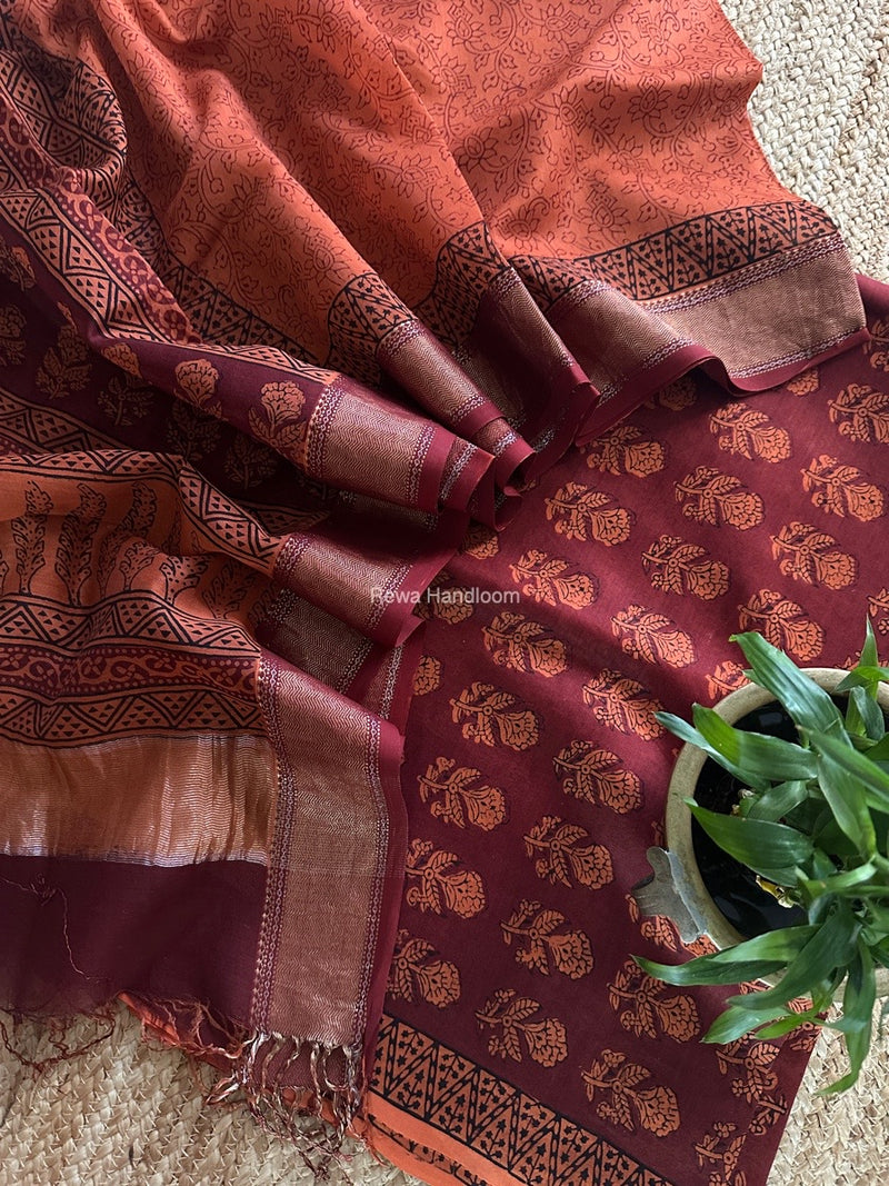 Maheshwari Maroon Bagh Print Top-Dupatta Set BTD033