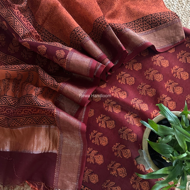 Maheshwari Maroon Bagh Print Top-Dupatta Set BTD033