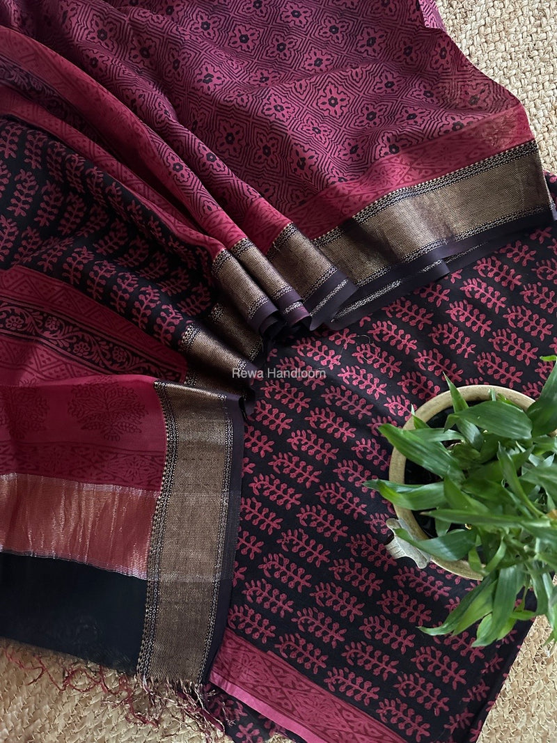 Maheshwari Black Bagh Print Top-Dupatta Set BTD016