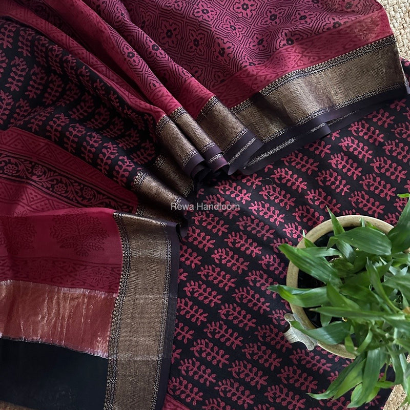 Maheshwari Black Bagh Print Top-Dupatta Set BTD016