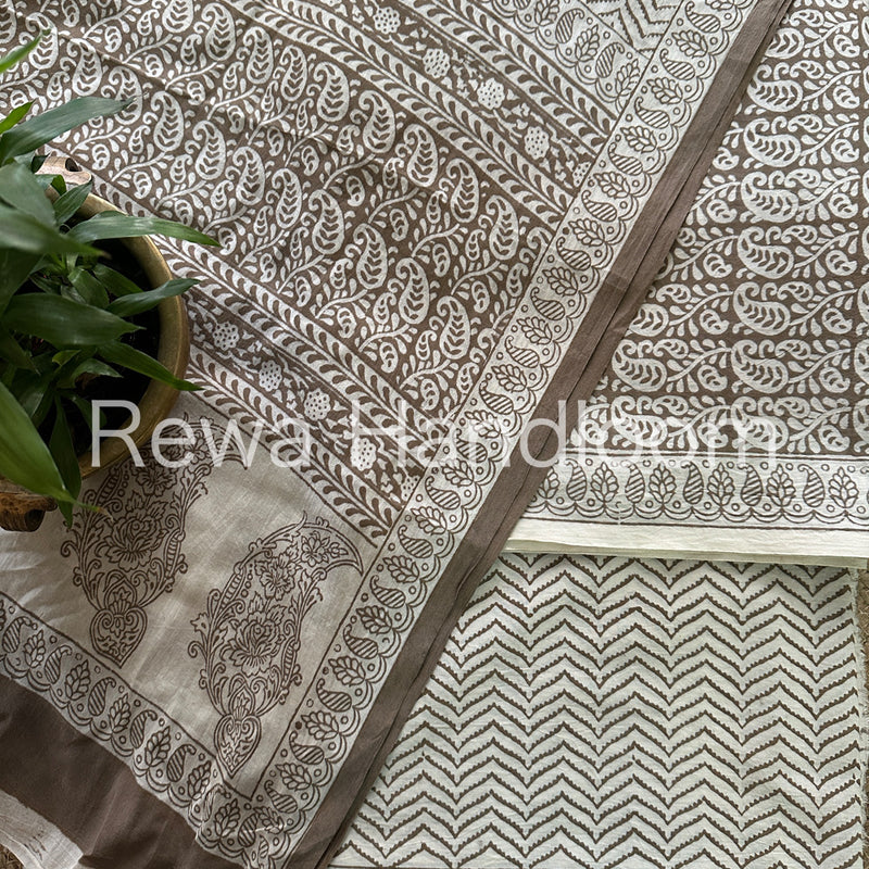 Grey-White Bagh Print Cotton Suit-BCSP61