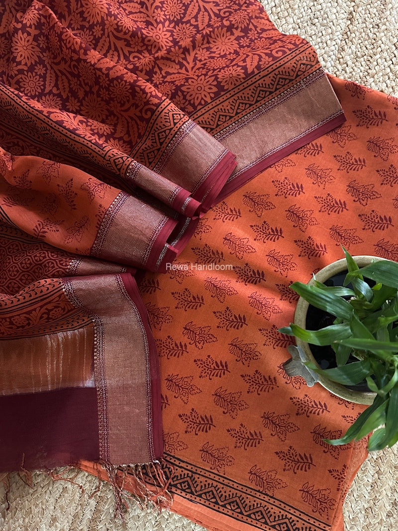 Maheshwari Orange Bagh Print Top-Dupatta Set BTD027