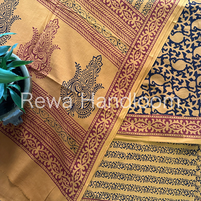 Dark Yellow-Black Bagh Print Cotton Suit-BCSP66