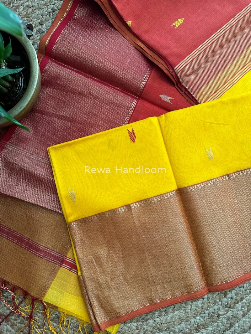 Golden Yellow Zari Skirt Butti Maheshwari Saree ZSB01