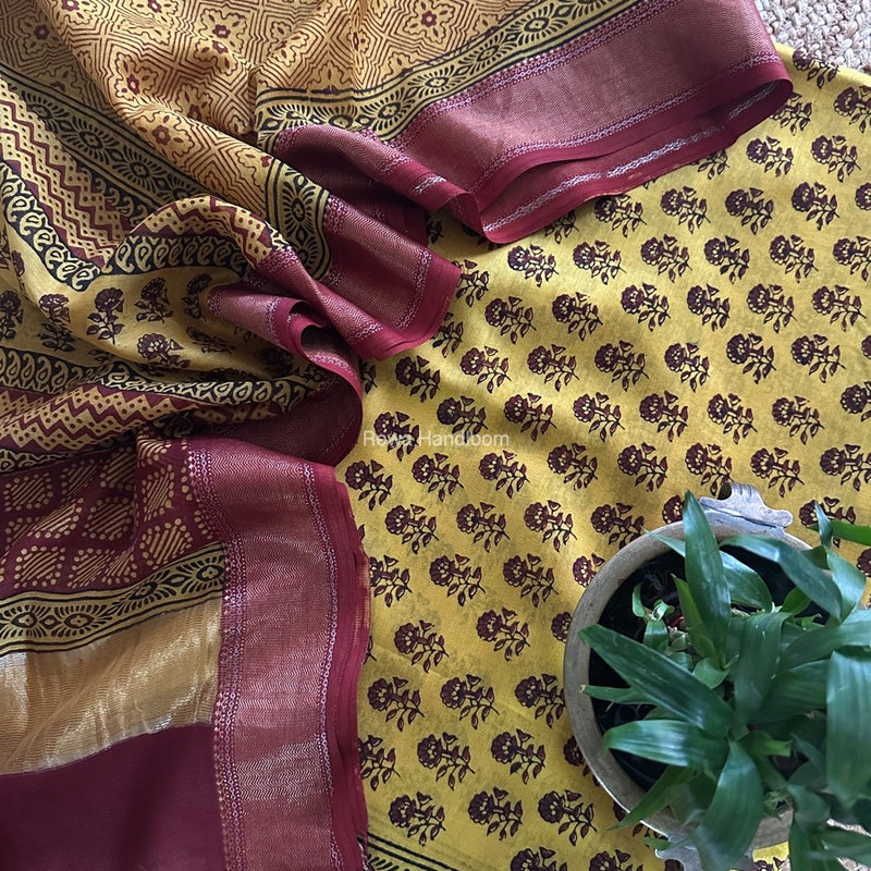 Maheshwari Yellow Bagh Print Top-Dupatta Set BTD015