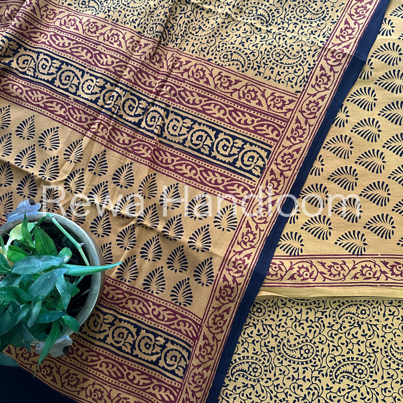 Yellow-Black Bagh Print Cotton Suit-BCSP64