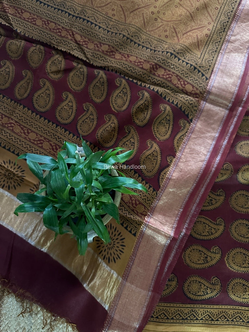 Maheshwari Maroon Bagh Print Top-Dupatta Set BTD012