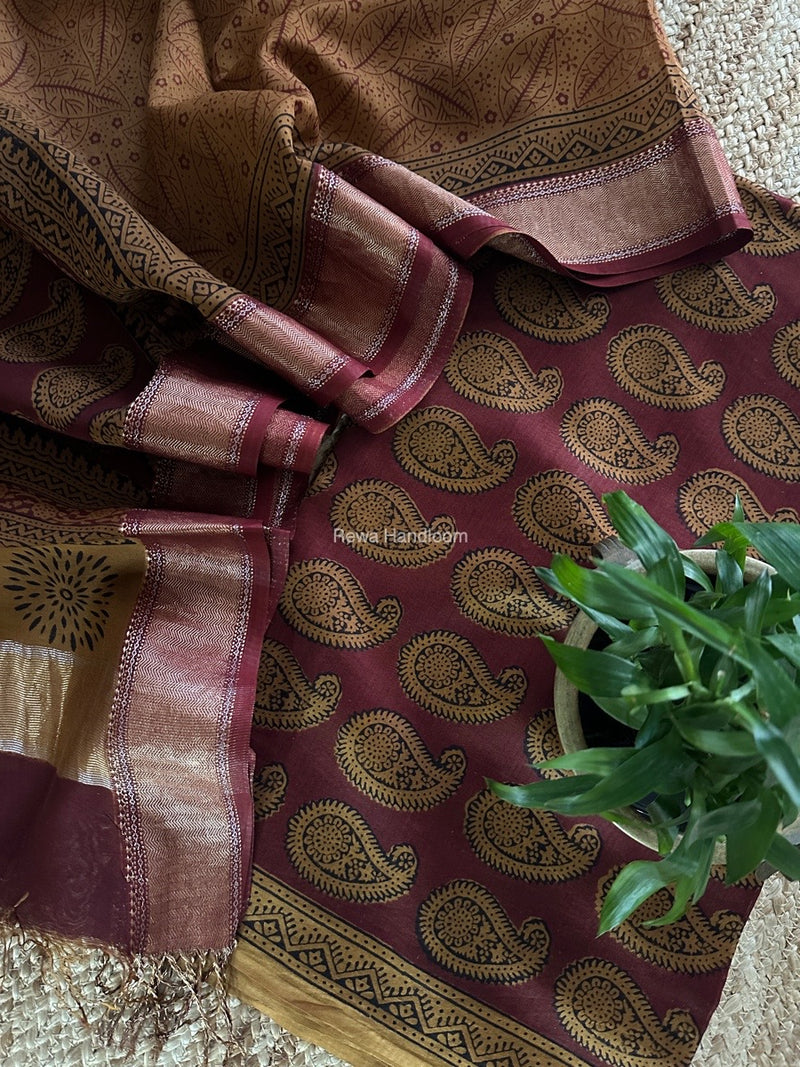 Maheshwari Maroon Bagh Print Top-Dupatta Set BTD012