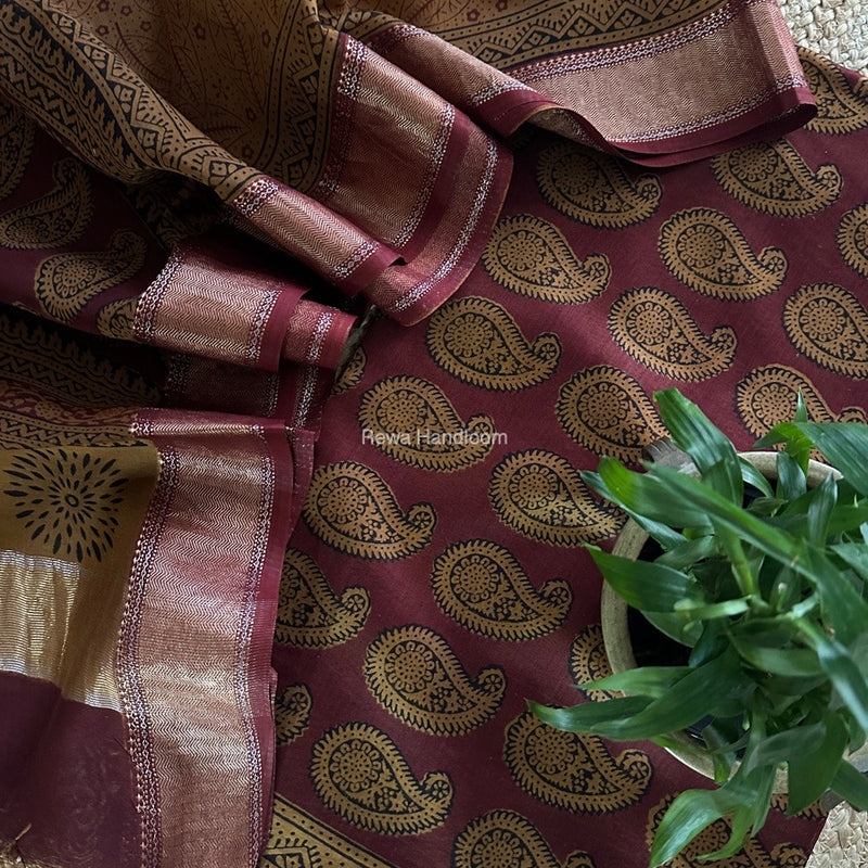 Maheshwari Maroon Bagh Print Top-Dupatta Set BTD012