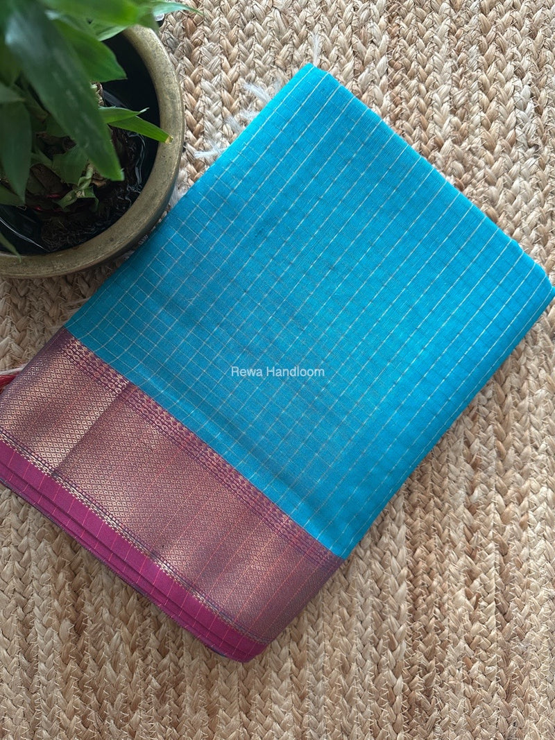 Maheshwari Sky Blue Zari Checks Saree ZCHX325
