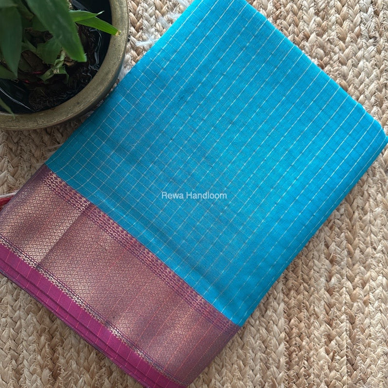 Maheshwari Sky Blue Zari Checks Saree ZCHX325