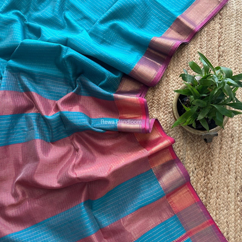 Maheshwari Sky Blue Zari Checks Saree ZCHX325