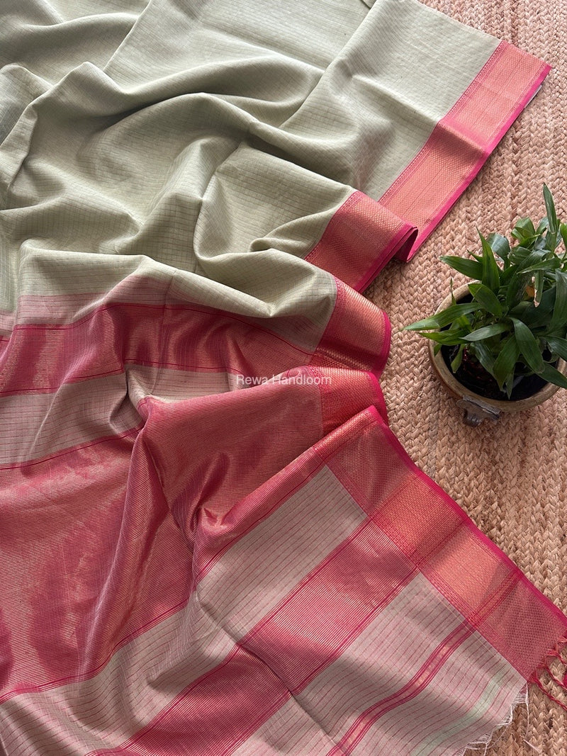 Maheshwari Pista Green Zari Checks Saree ZCHX326