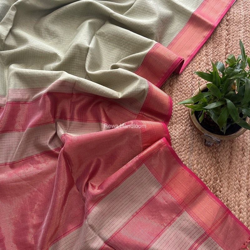 Maheshwari Pista Green Zari Checks Saree ZCHX326