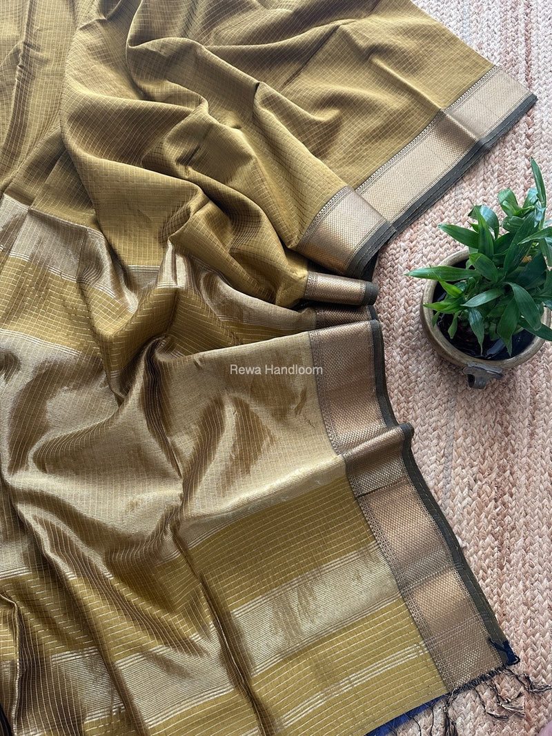 Maheshwari Dark Mustard Zari Checks Saree ZCHX327