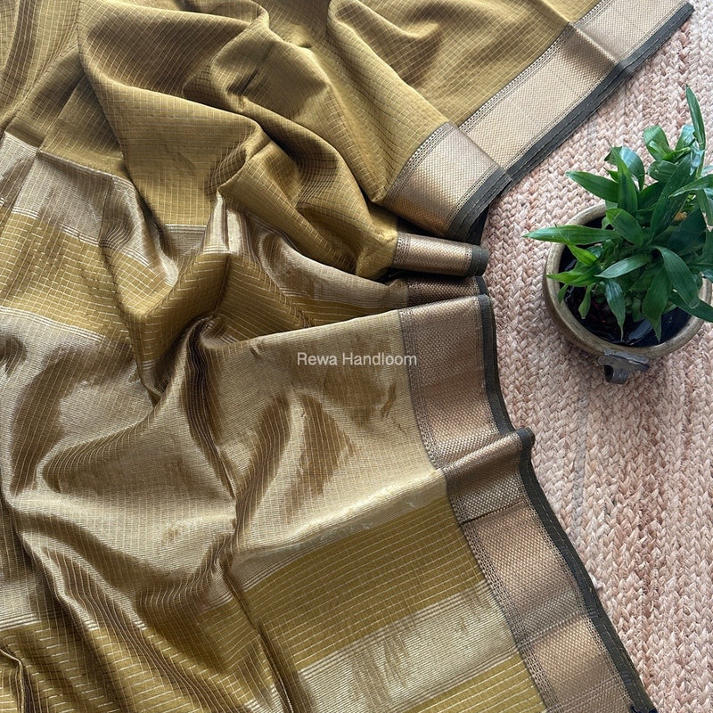 Maheshwari Dark Mustard Zari Checks Saree ZCHX327