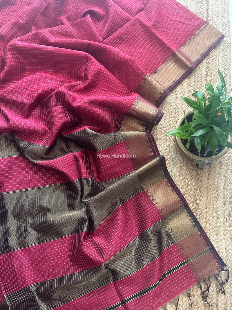 Maheshwari Rani Pink Zari Checks Saree ZCHX329