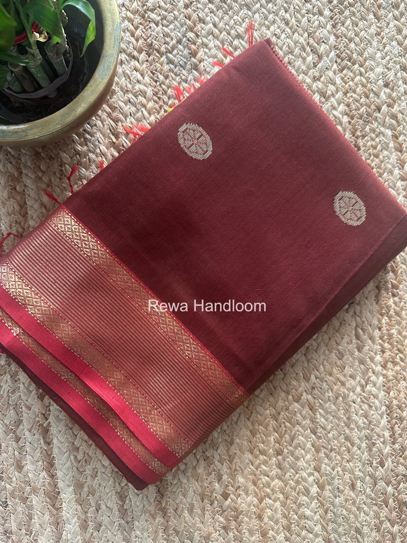 Brown Coin Butta Pallu Zari Border Saree ~ Maheshwari Saree-SBS-018