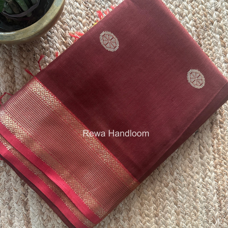 Brown Coin Butta Pallu Zari Border Saree ~ Maheshwari Saree-SBS-018