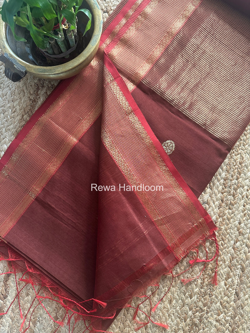 Brown Coin Butta Pallu Zari Border Saree ~ Maheshwari Saree-SBS-018