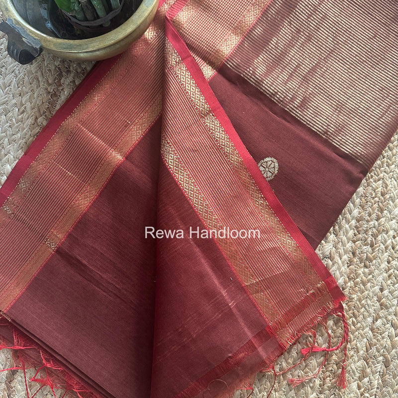 Brown Coin Butta Pallu Zari Border Saree ~ Maheshwari Saree-SBS-018