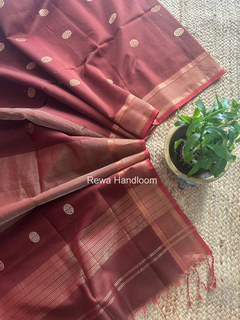Brown Coin Butta Pallu Zari Border Saree ~ Maheshwari Saree-SBS-018