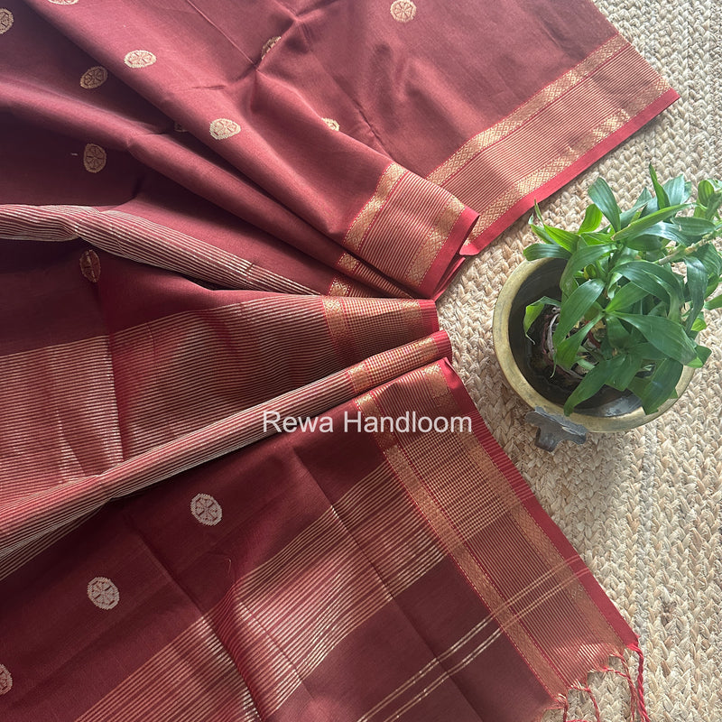 Brown Coin Butta Pallu Zari Border Saree ~ Maheshwari Saree-SBS-018