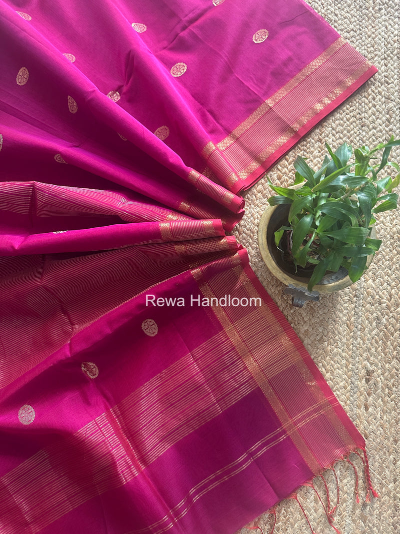 Rani Pink Coin Butta Pallu Zari Border Saree ~ Maheshwari Saree-SBS-019