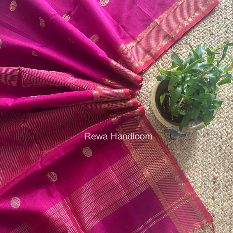 Rani Pink Coin Butta Pallu Zari Border Saree ~ Maheshwari Saree-SBS-019