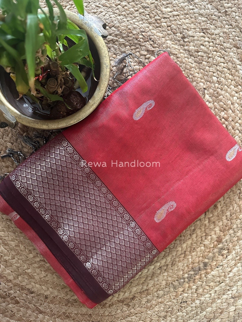 Maheshwari Red Silver Tissue Meena Butti Saree SMB004